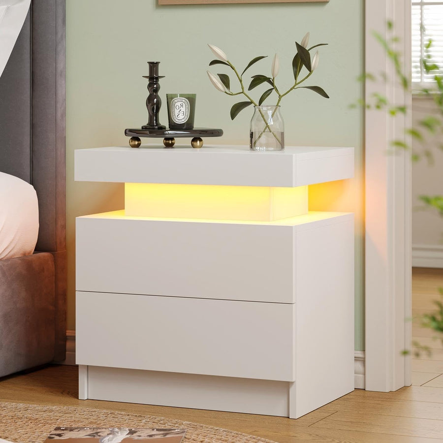 Modern LED Bedside Table with 2 Drawers – RGB Nightstand with Remote Control
