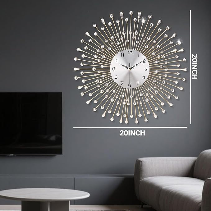 Large 50cm Crystal Wall Clock Gold Silent Modern Luxury Metal Round Home Decor
