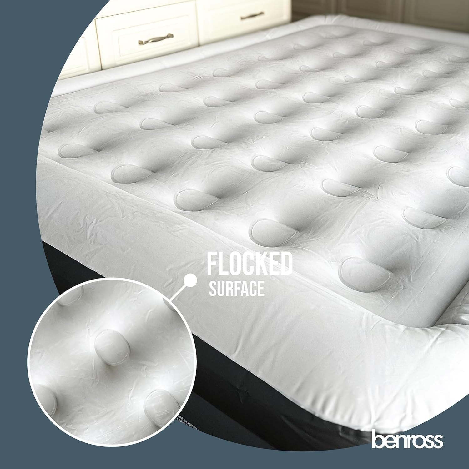 Queen Size Inflatable Air Bed with Built-In Electric Pump & Flocked Surface