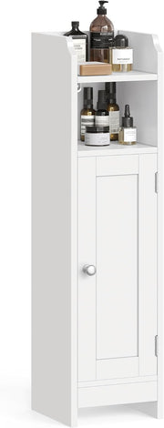 Slim White Bathroom Storage Cabinet with Door, Adjustable Shelf & Narrow Design