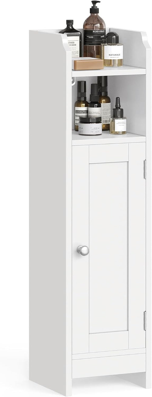 Slim White Bathroom Storage Cabinet with Door, Adjustable Shelf & Narrow Design