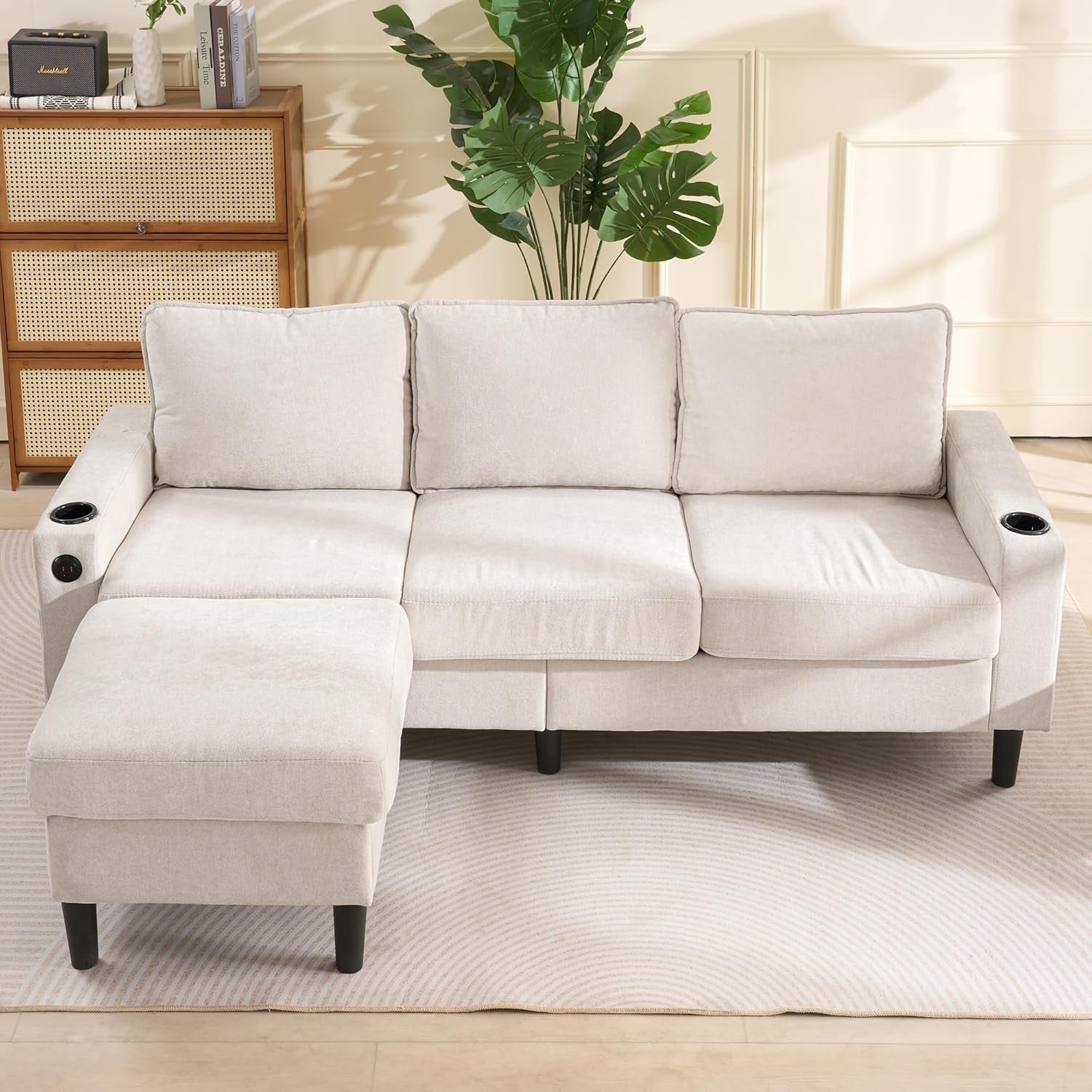 3 Seater L Shape Sofa Bed Beige w/ Chaise, USB, Storage Ottoman, Linen