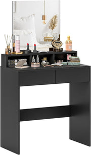 Compact Dressing Table Vanity Desk with Mirror 2 Drawers Shelves Black Wood