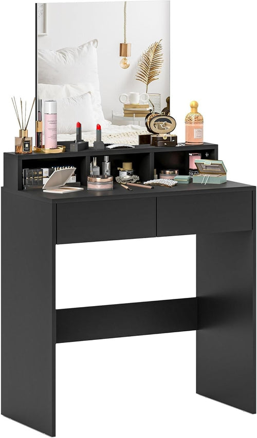 Compact Dressing Table Vanity Desk with Mirror 2 Drawers Shelves Black Wood