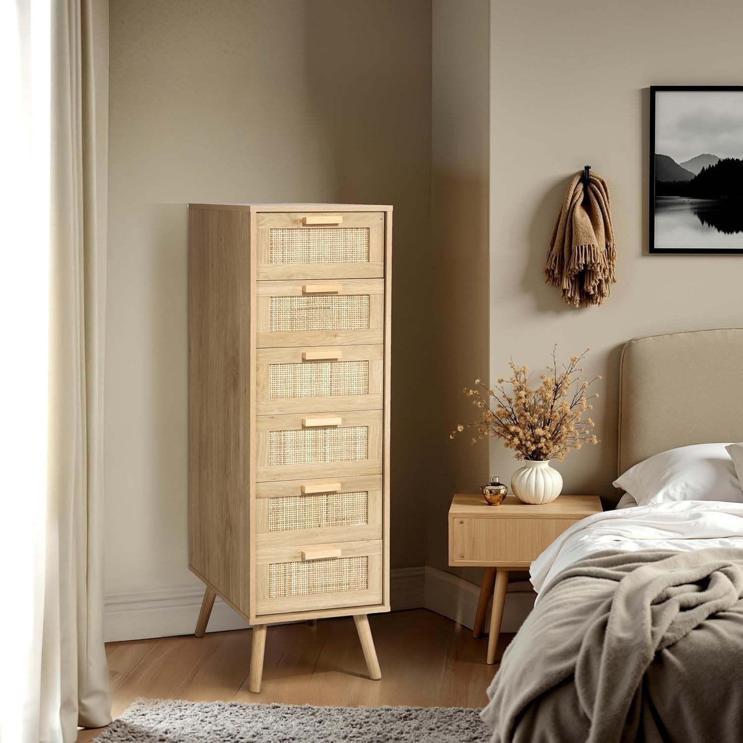 6 Drawer Rattan Chest Bedroom Storage Tall Wooden Legs Compact Organizer
