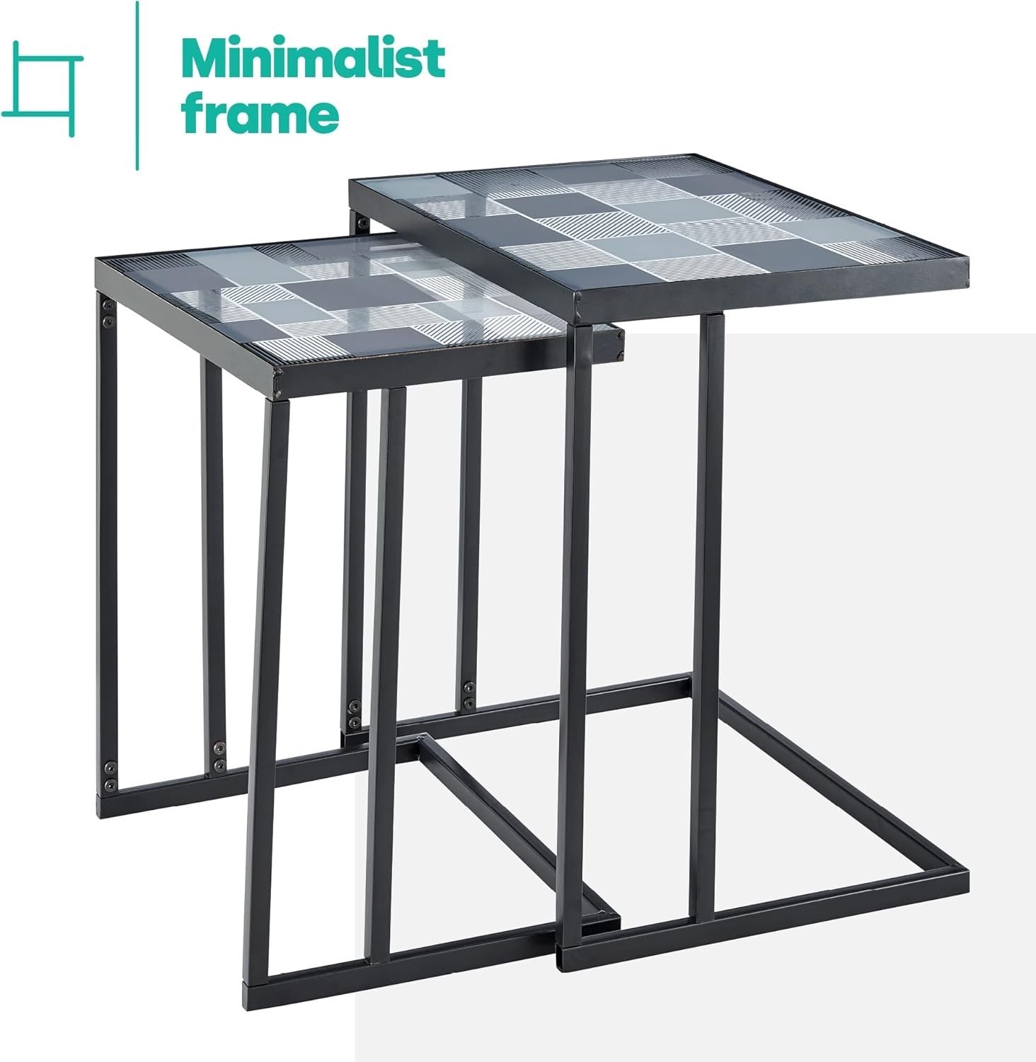 Space Saving Glass Coffee Table Square Side Sofa Table C-Shape Nesting Frame