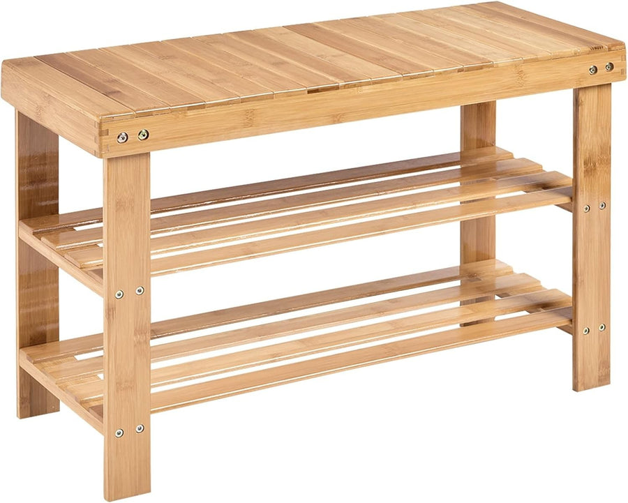 Natural Bamboo Shoe Storage Bench – 3-Tier Rack & Seat for Hallway 70cm