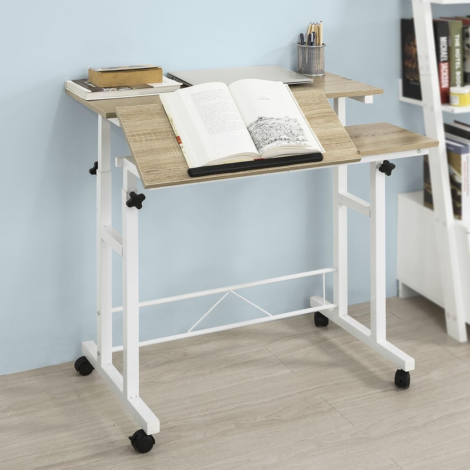 White Adjustable Standing Laptop Desk w/Tiltable Top & Wheels