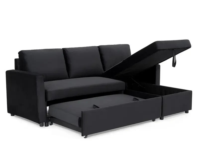 3 Seater Sofa Bed Pull-Out Reversible Chaise Black Velvet Storage Couch
