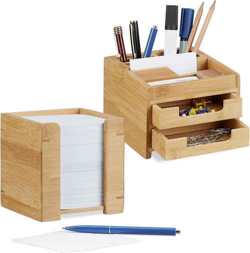 Bamboo Desk Organiser Set with Pen Holder & Memo Box – 2 Drawers