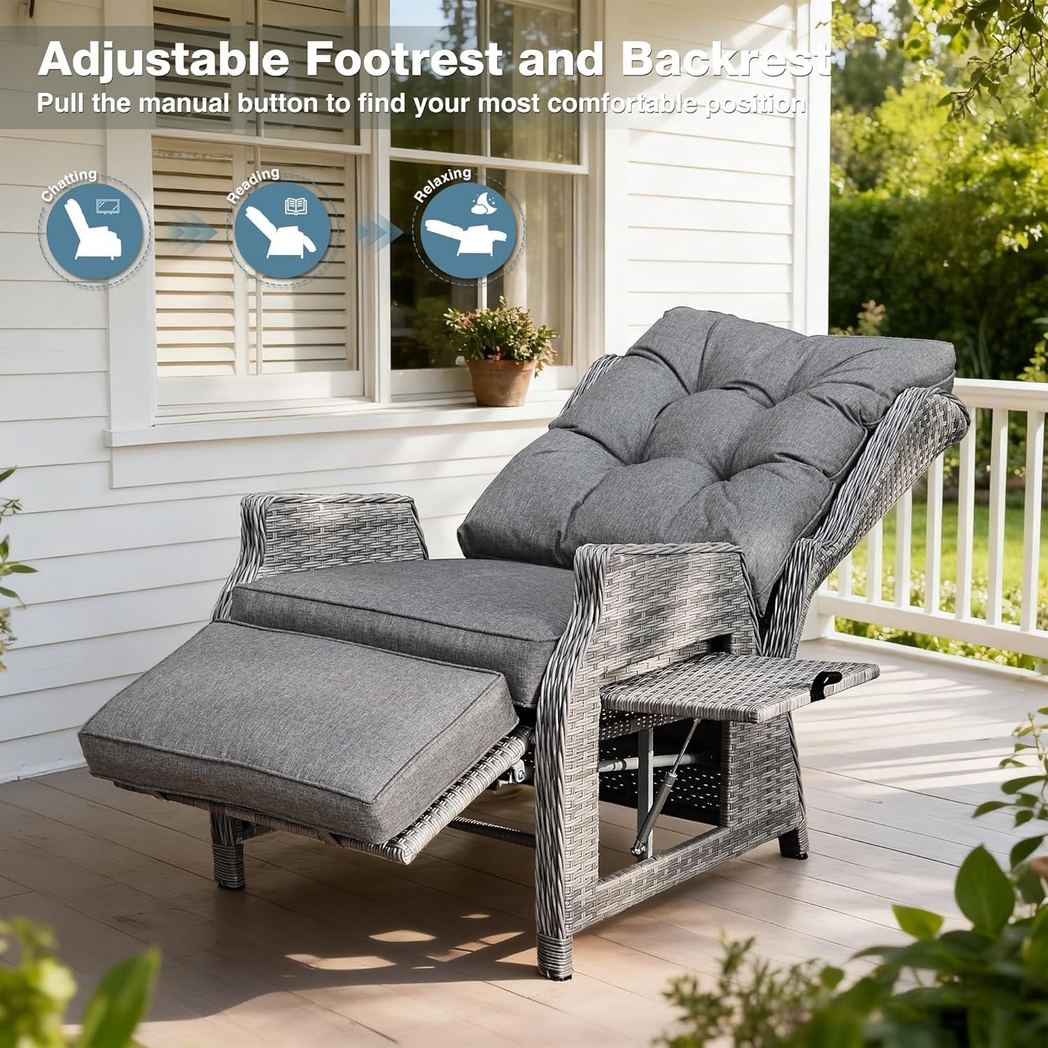 Outdoor Rattan Recliner Chair Adjustable Sun Lounger with Cushions & Side Table