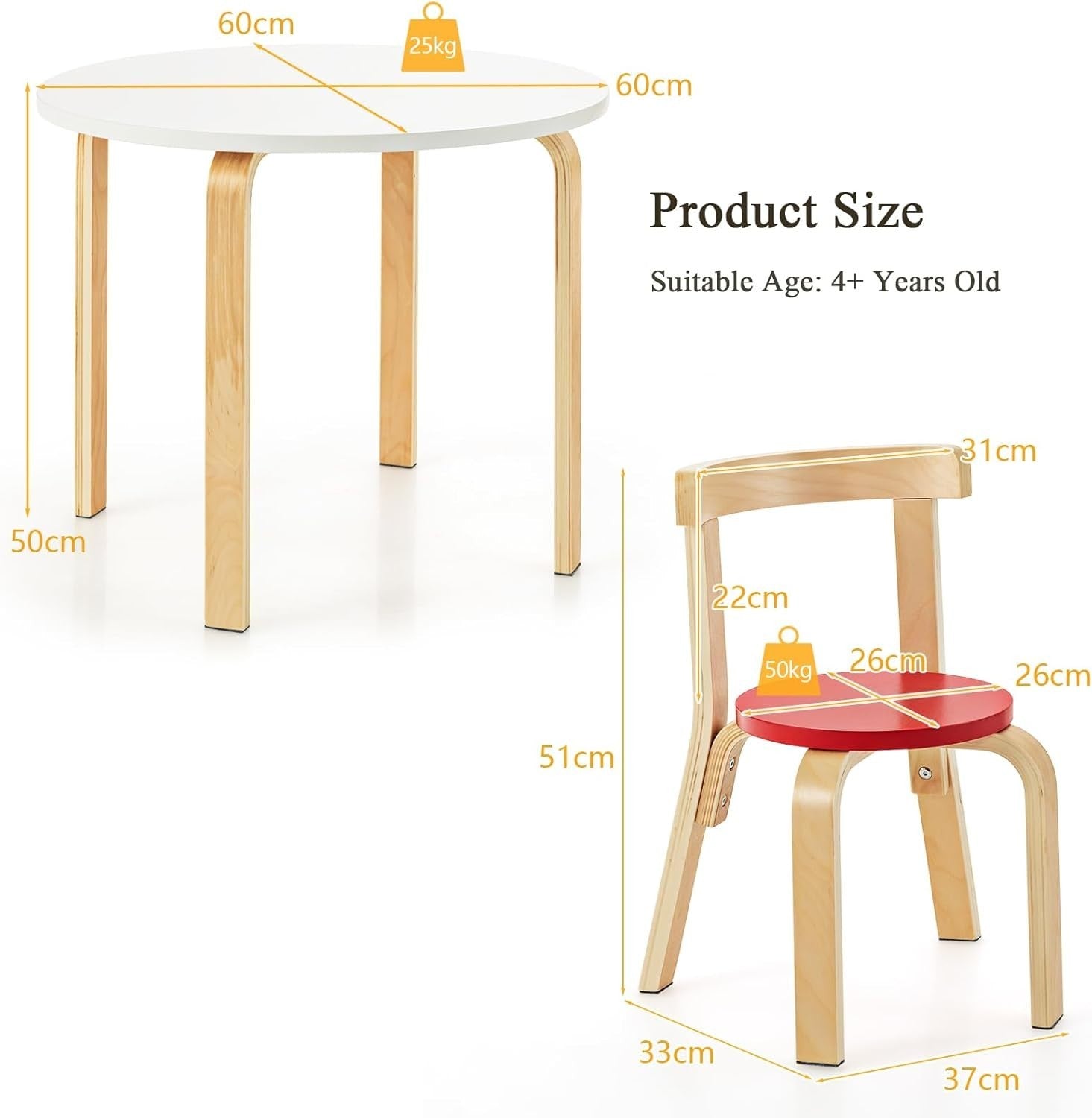 Kids Table and Chairs Set 5pc Wooden Round Playroom Furniture with 4 Stackable C