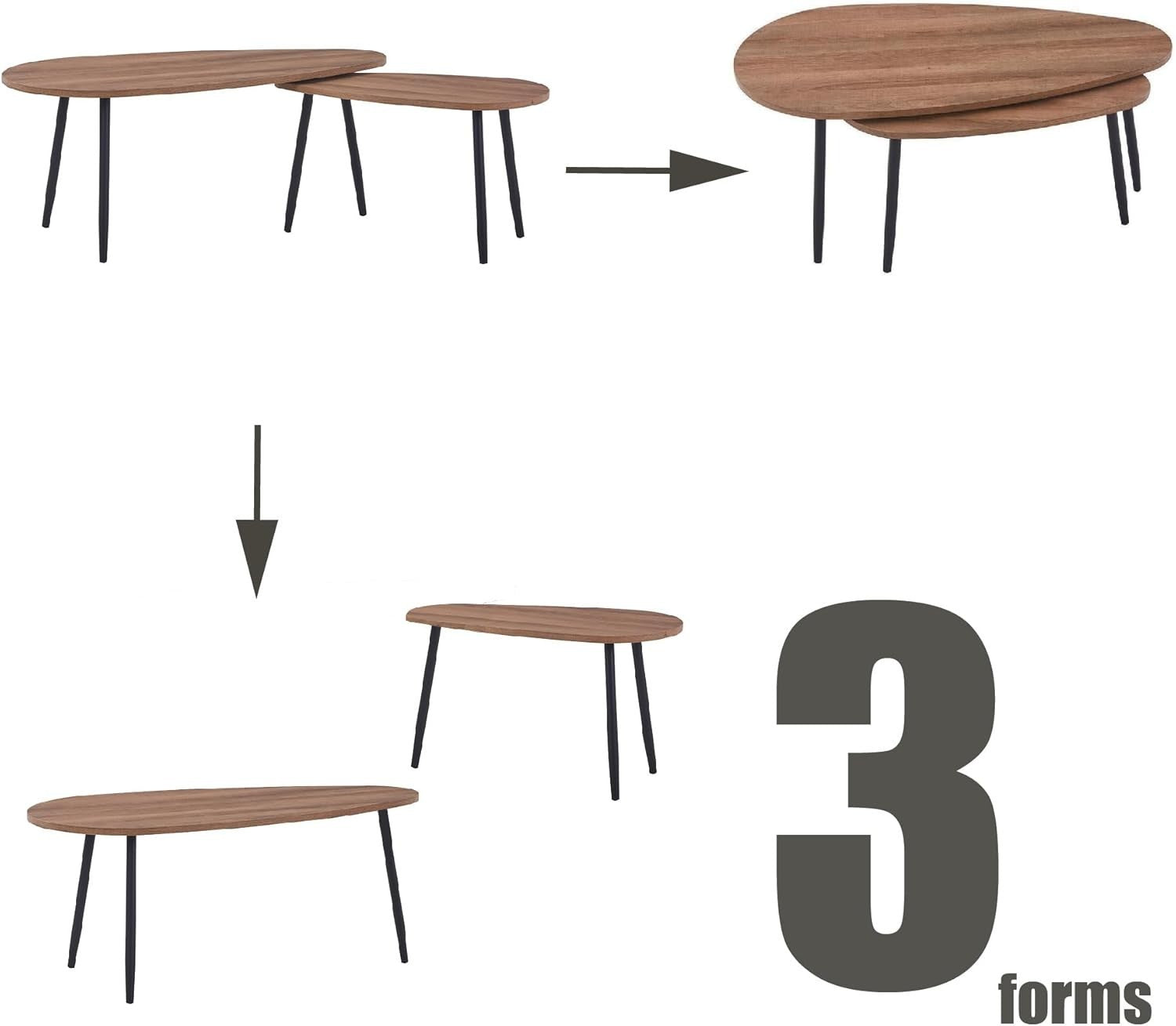 Walnut Triangle Coffee Table Set 2-Piece Modern Composite Top Metal Legs