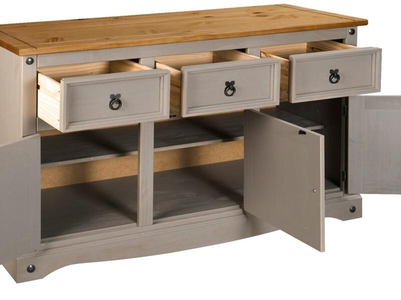 Solid Pine Sideboard Cabinet Grey 3 Door 3 Drawer Storage Cupboard Unit