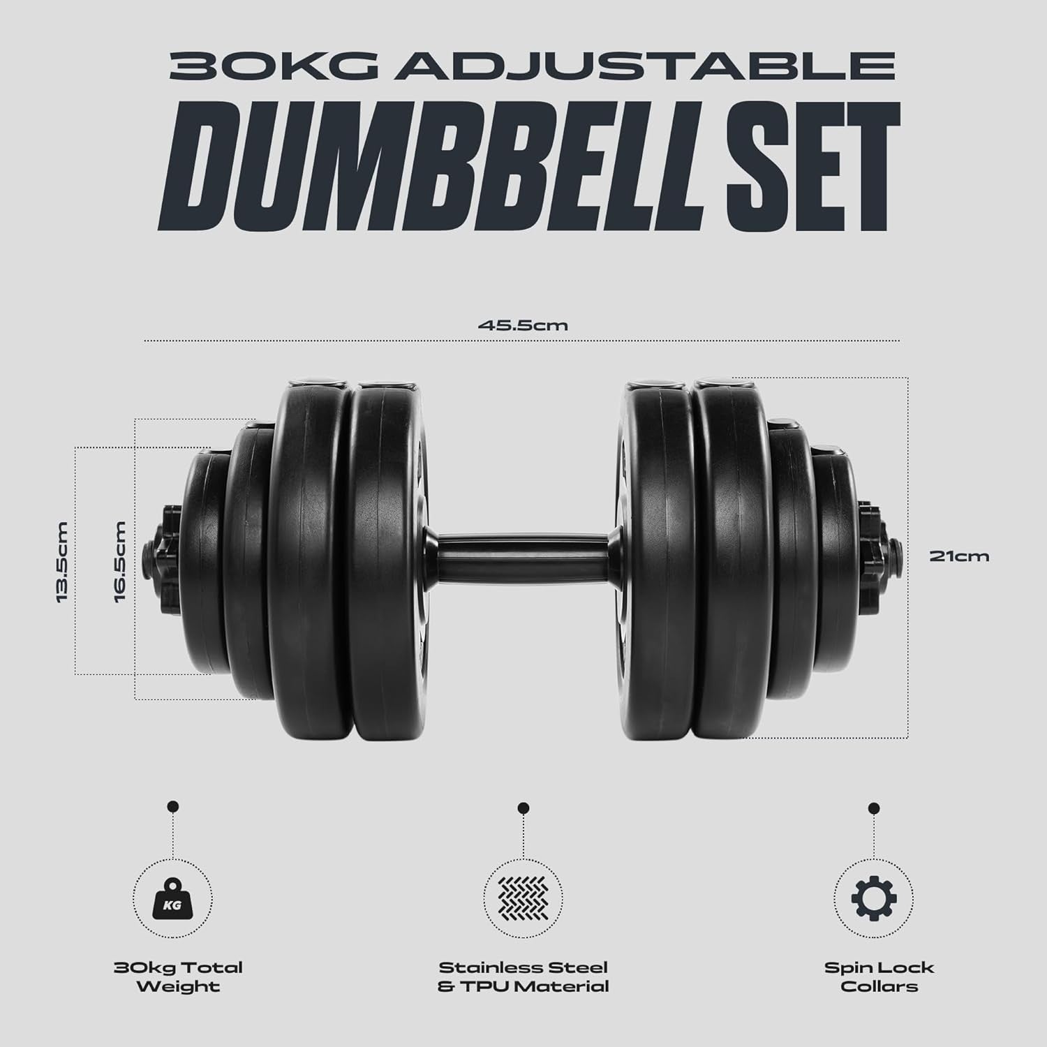 30kg Adjustable Dumbbell Set Pair Spinlock Non-Slip Home Gym Weights