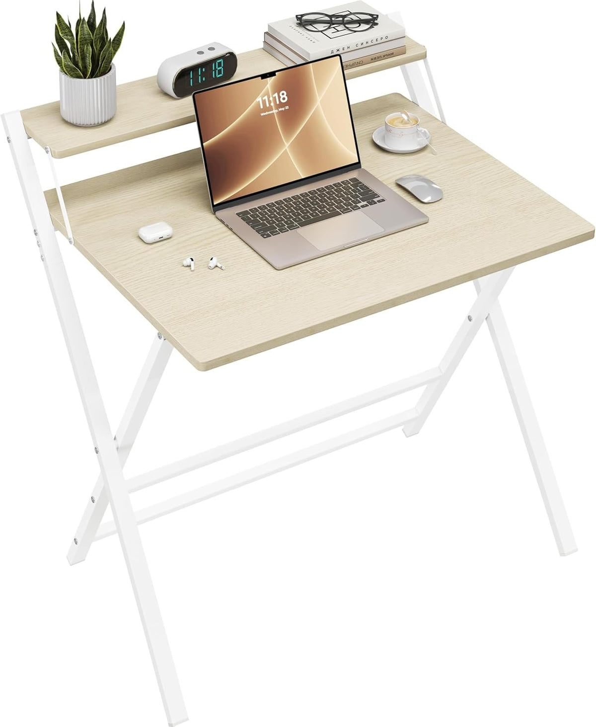 Foldable Computer Desk Small Space with Monitor Stand 80cm Natural Wood