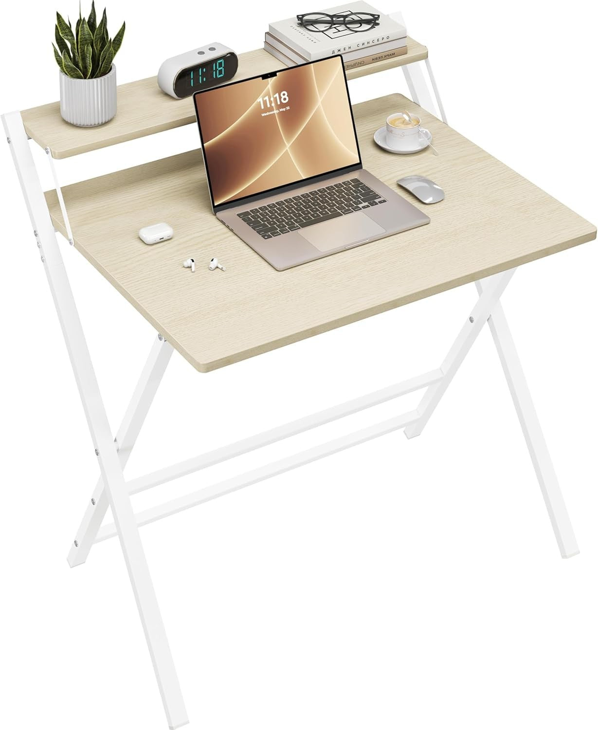 Foldable Computer Desk Small Space with Monitor Stand 80cm Natural Wood