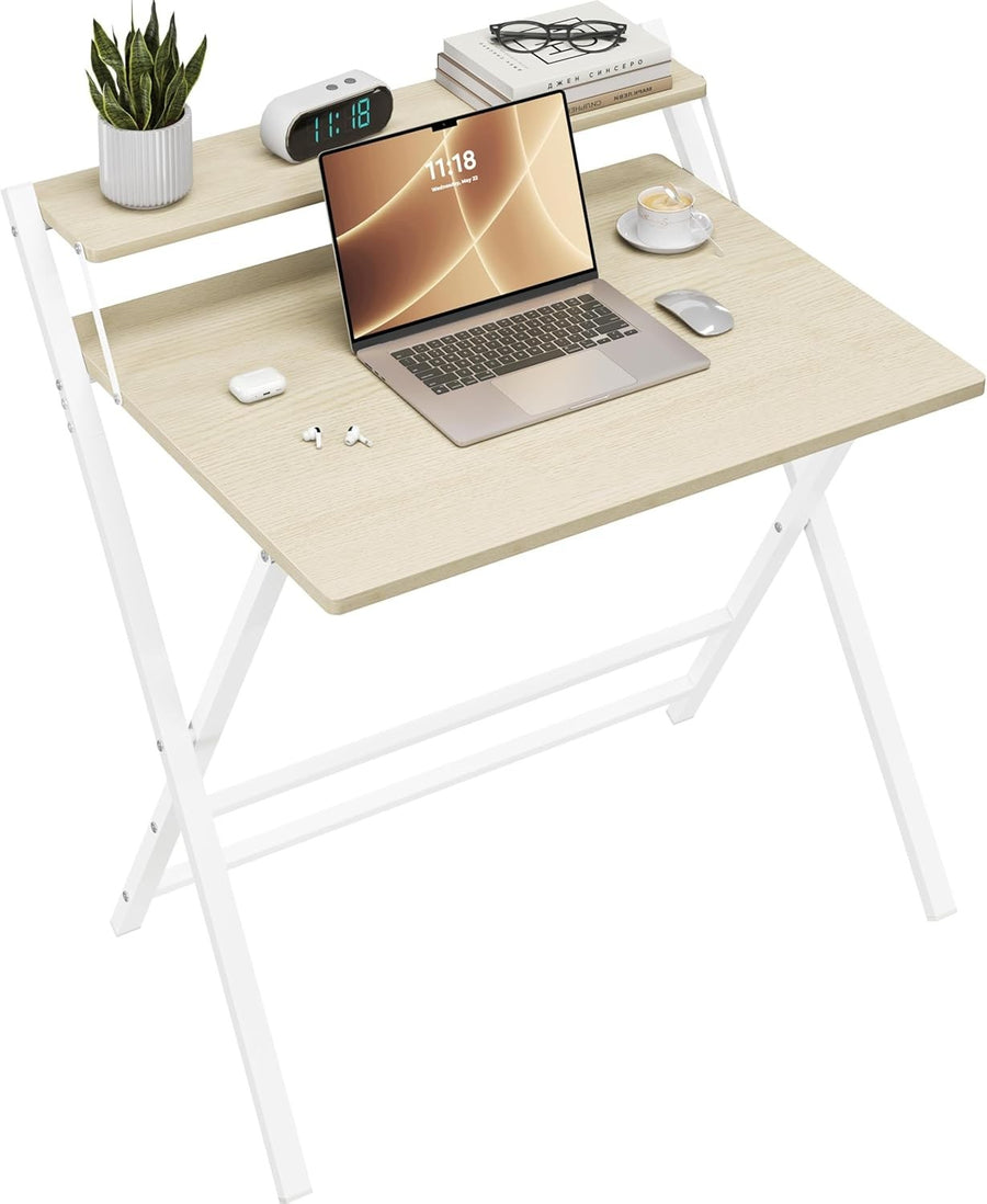 Foldable Computer Desk Small Space with Monitor Stand 80cm Natural Wood