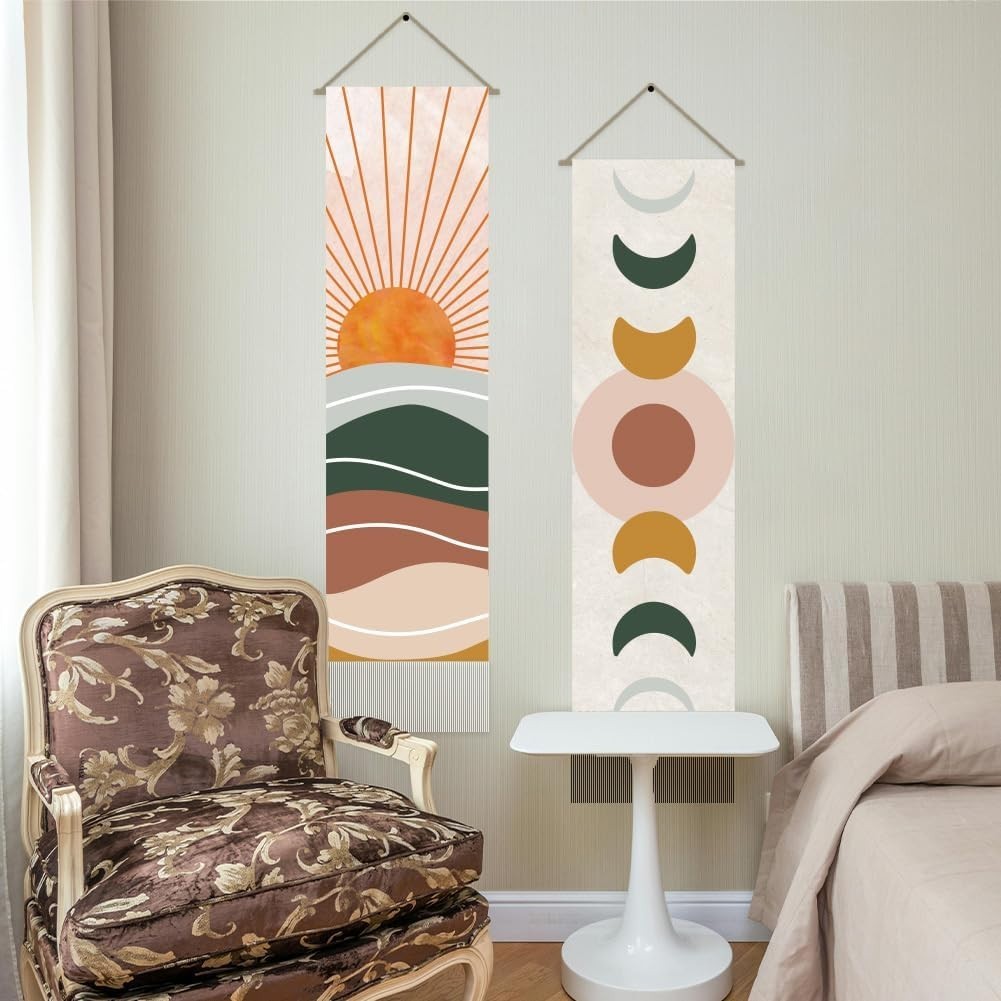 Boho Sun Moon Tapestry 2pcs 45.7x13in Vertical Wall Hanging Decor