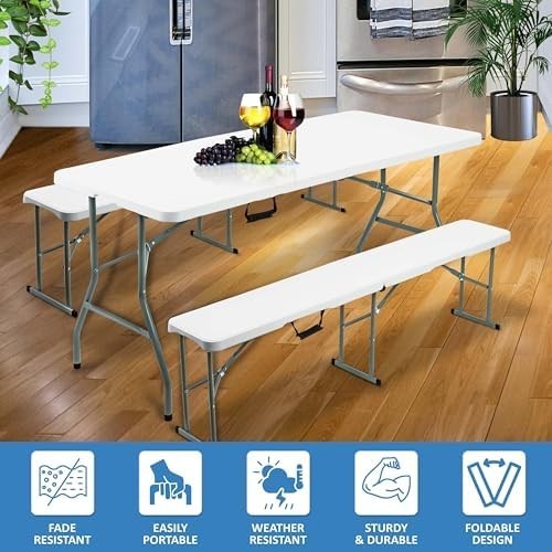 6FT Folding Table & Bench Set, Portable White Indoor/Outdoor Dining