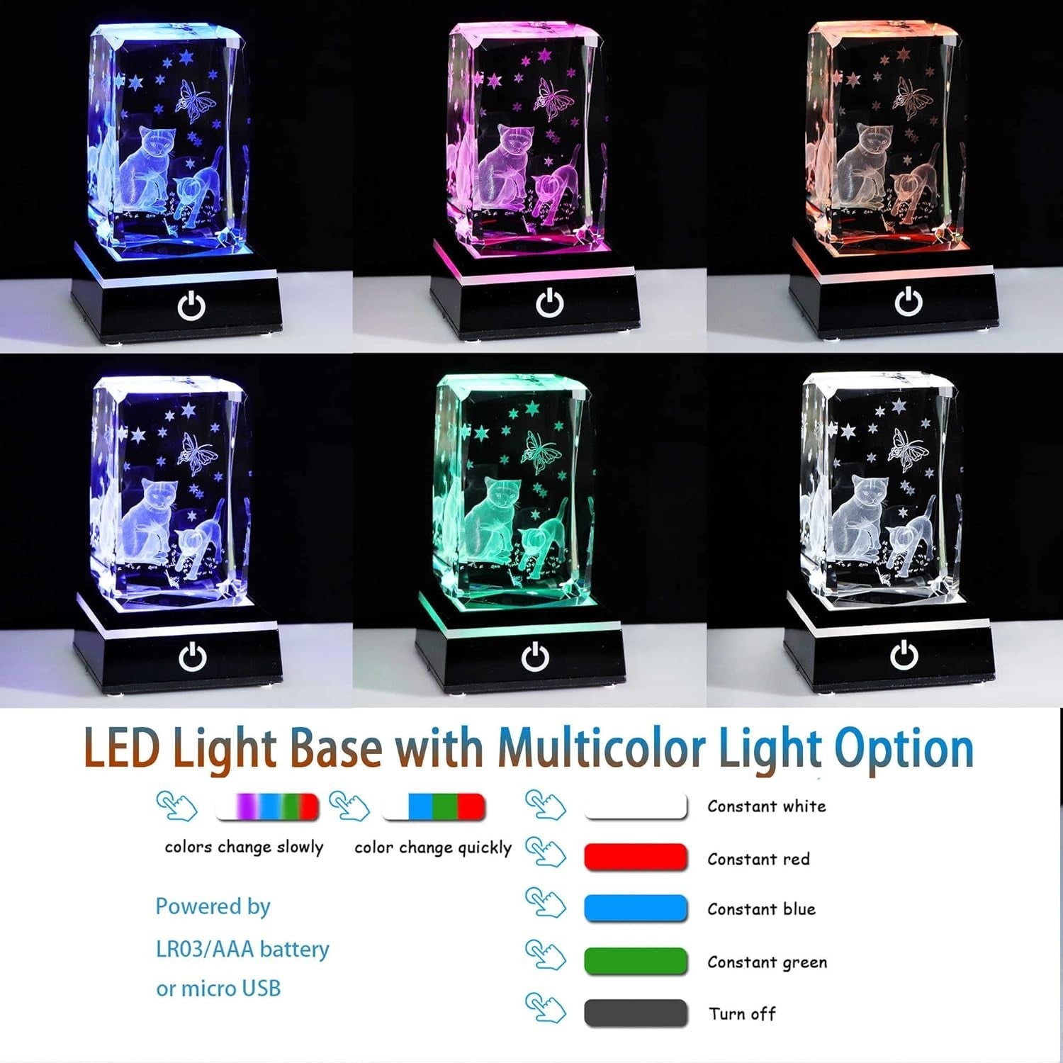3D Crystal Cat & Butterfly Light Ornament • LED Colour-Changing Glass Gift Decor