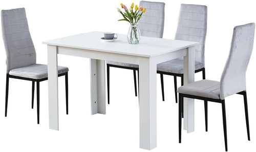 Modern 5-Piece Dining Set White Table Grey Velvet Chairs Compact Kitchen