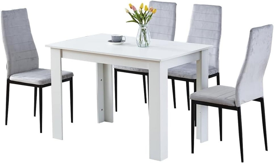 Modern 5-Piece Dining Set White Table Grey Velvet Chairs Compact Kitchen