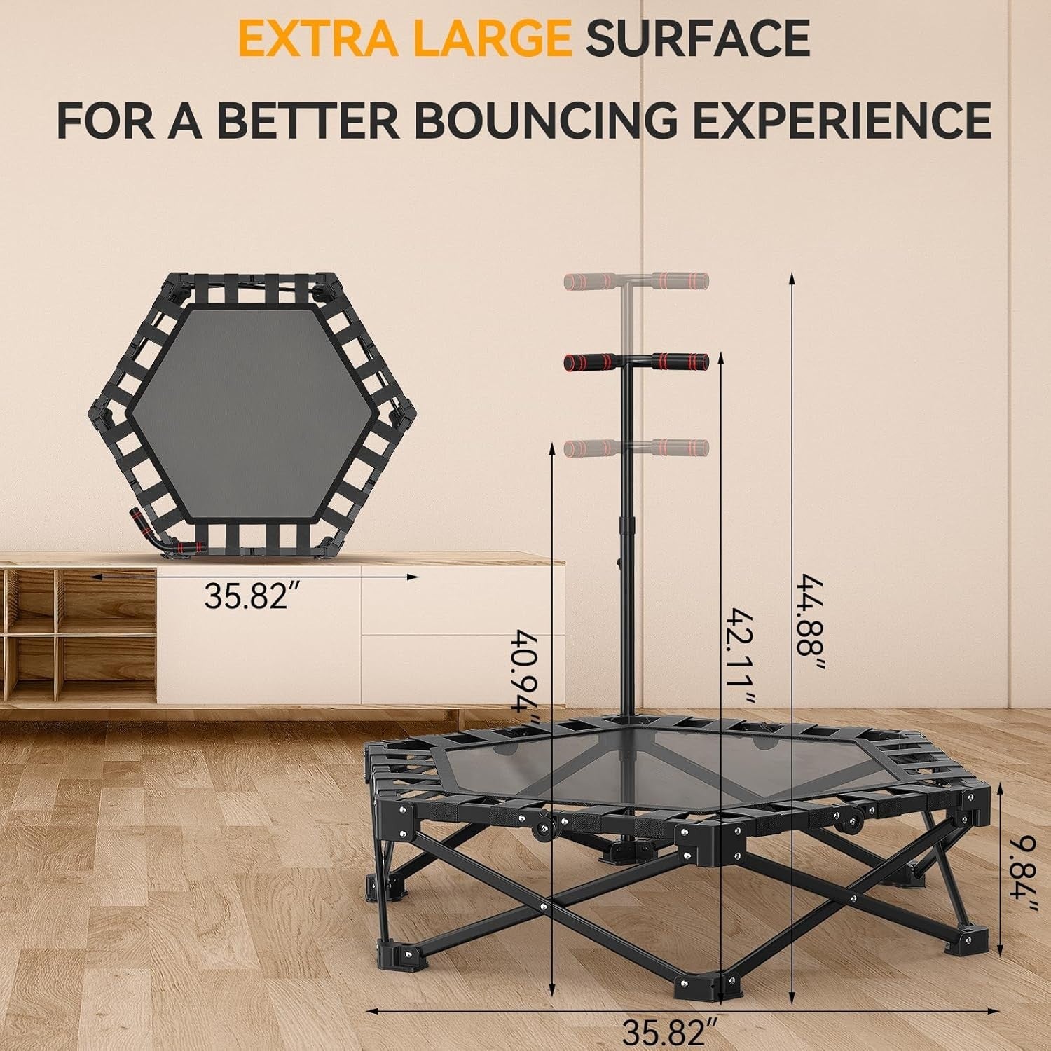 42in Foldable Fitness Trampoline Rebounder Adjustable Handle 150KG