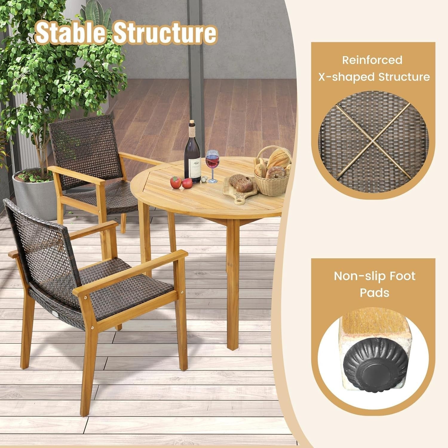 4x Garden Dining Chairs Acacia Wood Rattan Armchairs Outdoor Patio Set