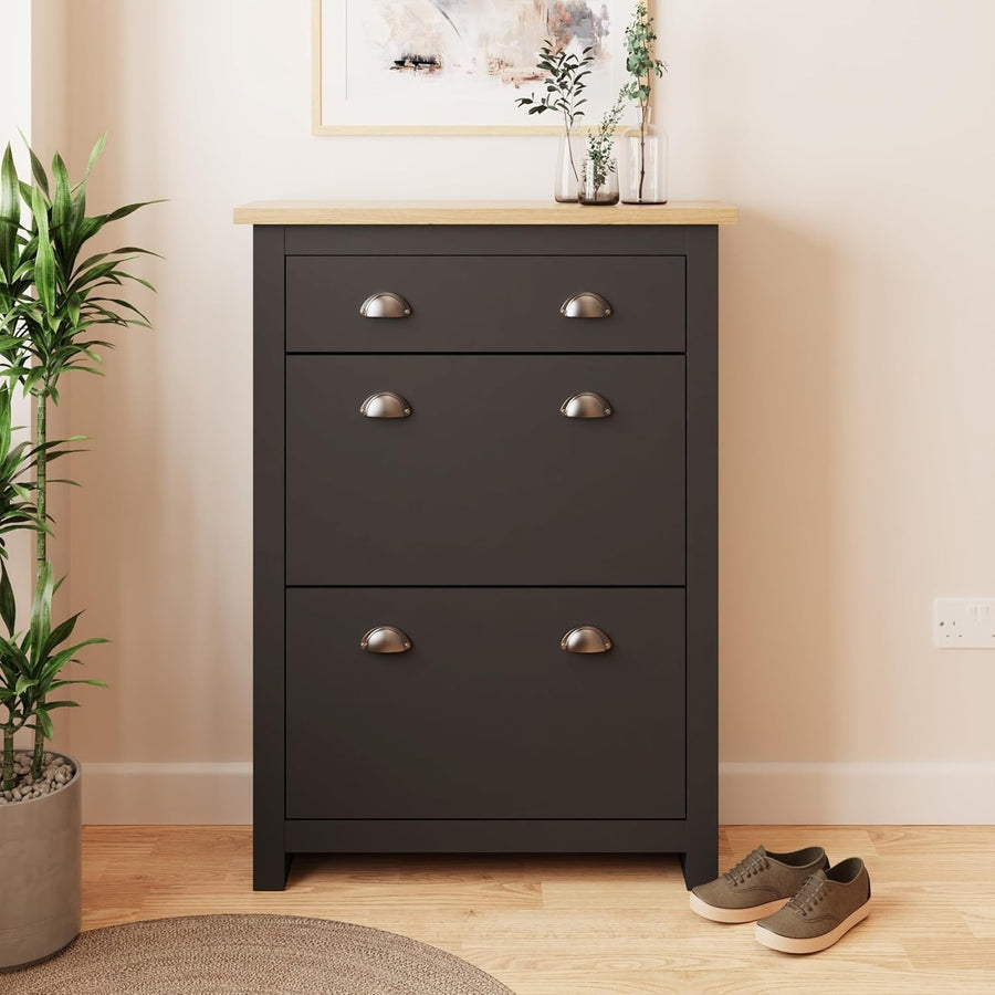 Foldable 2 Door 1 Drawer Shoe Cabinet with Oak Top 78x24x108 cm Black