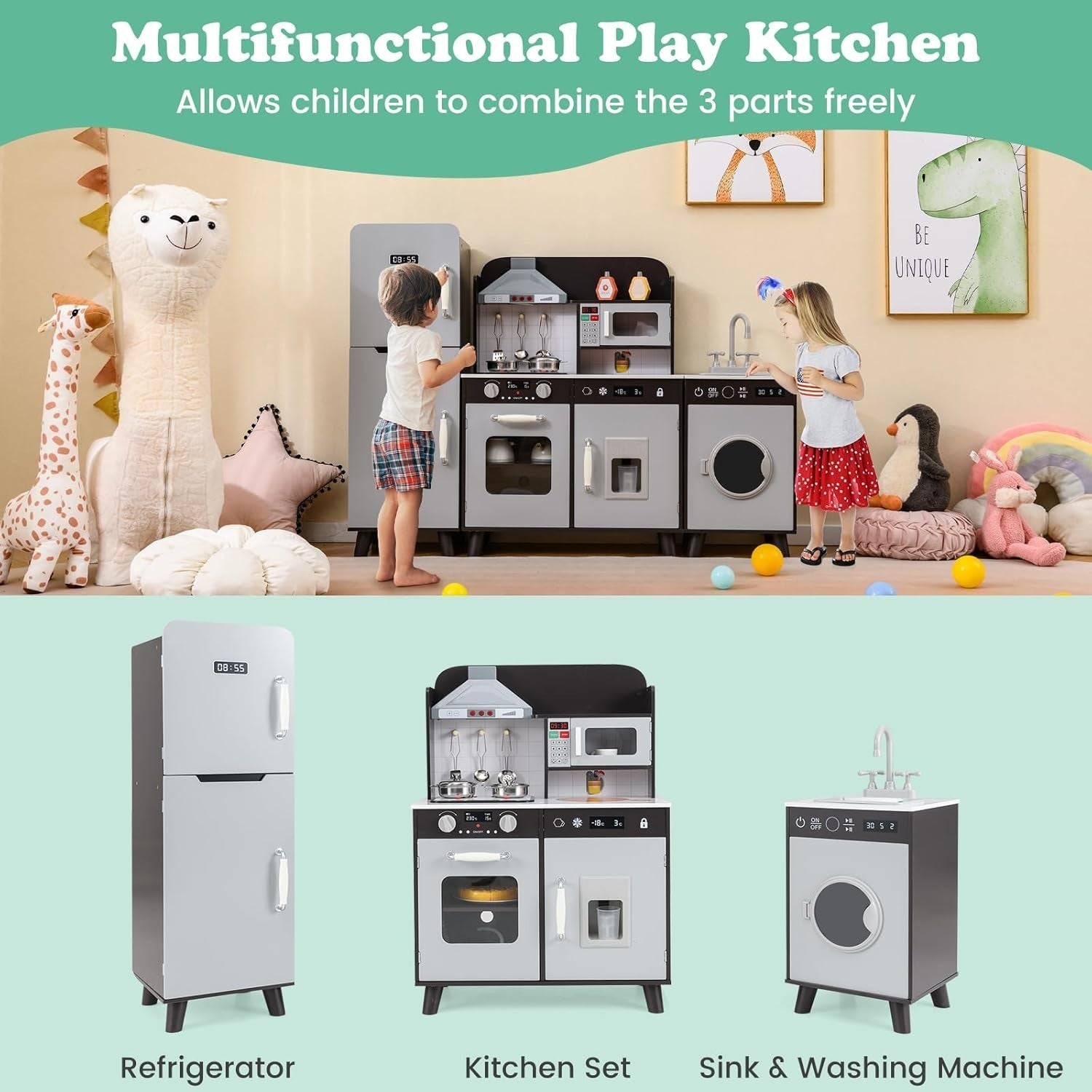 Large Wooden Kids Play Kitchen Set Light Sound Fridge Washer Brown