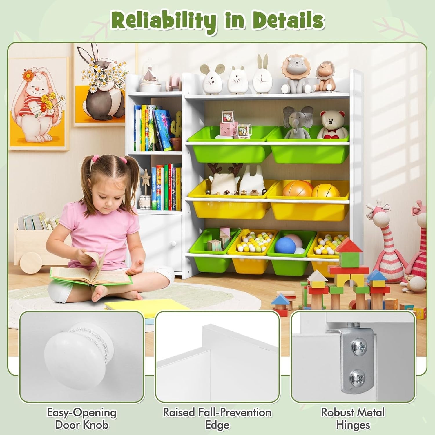 4 Tier Kids Toy Storage Organizer with Bins & Cabinet Bookshelf Unit White