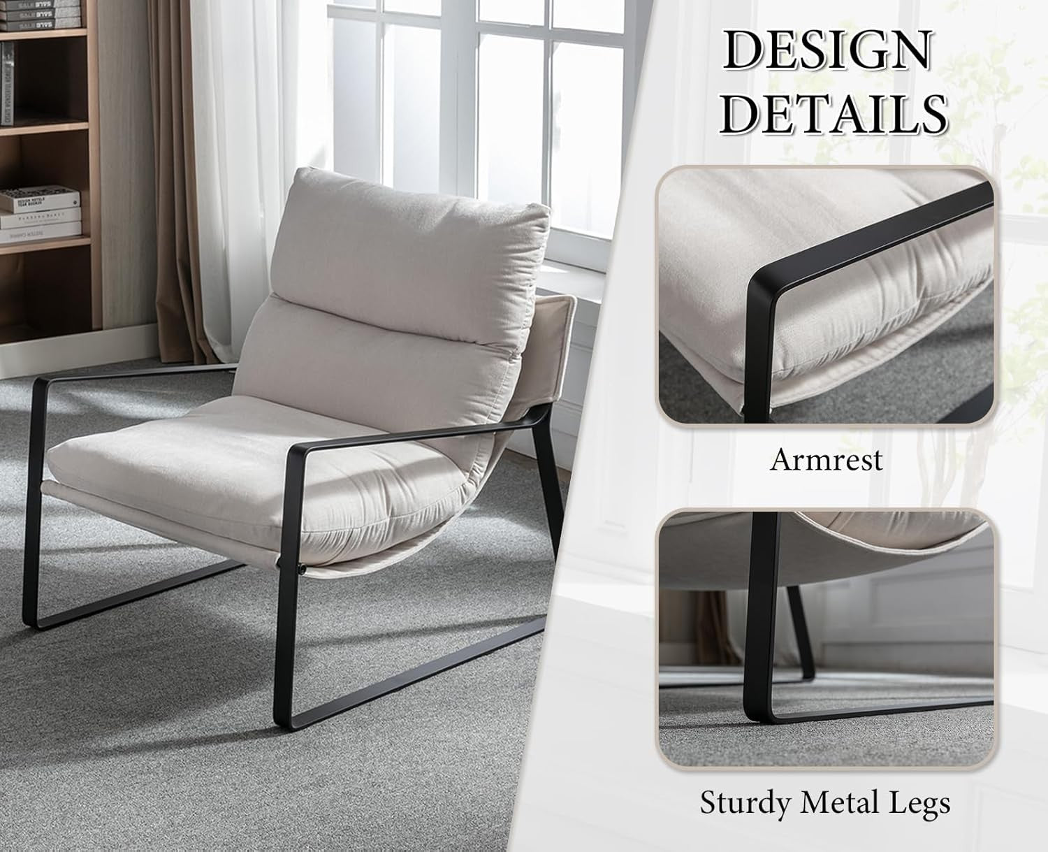 Beige Chenille Accent Chair Modern Lounge Armchair Metal Frame