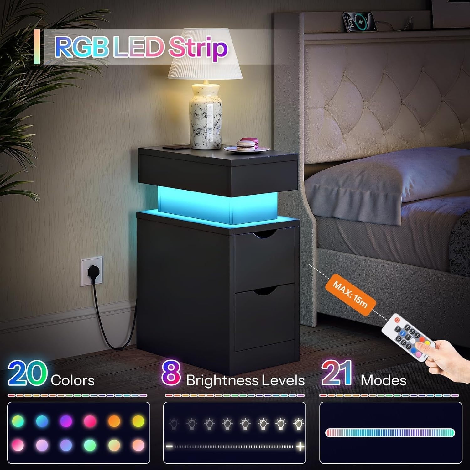 Modern Black LED Bedside Table with Charging Station & 2 Drawers