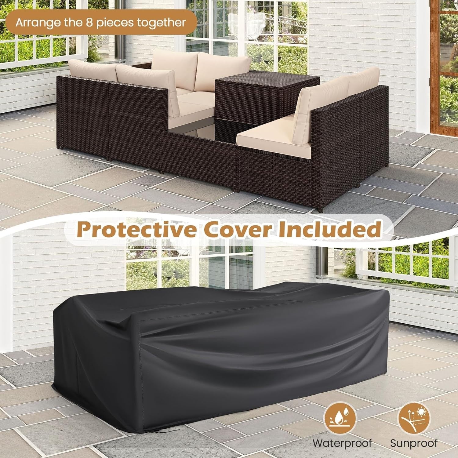 Rattan Garden Sofa Set 8PC Outdoor Patio Furniture w/ Table & Cushions
