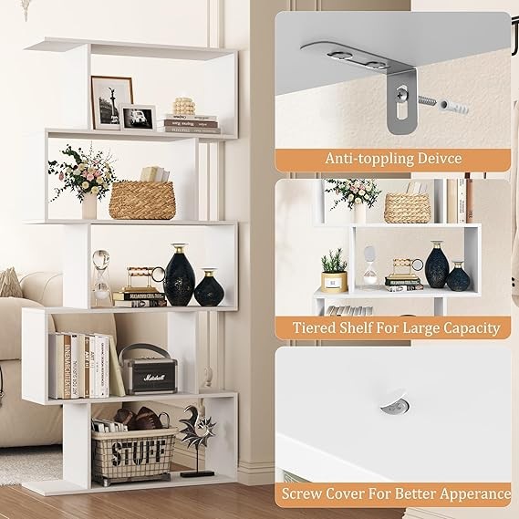White 5-Tier S-Shaped Geometric Bookshelf Modern Display Storage Unit