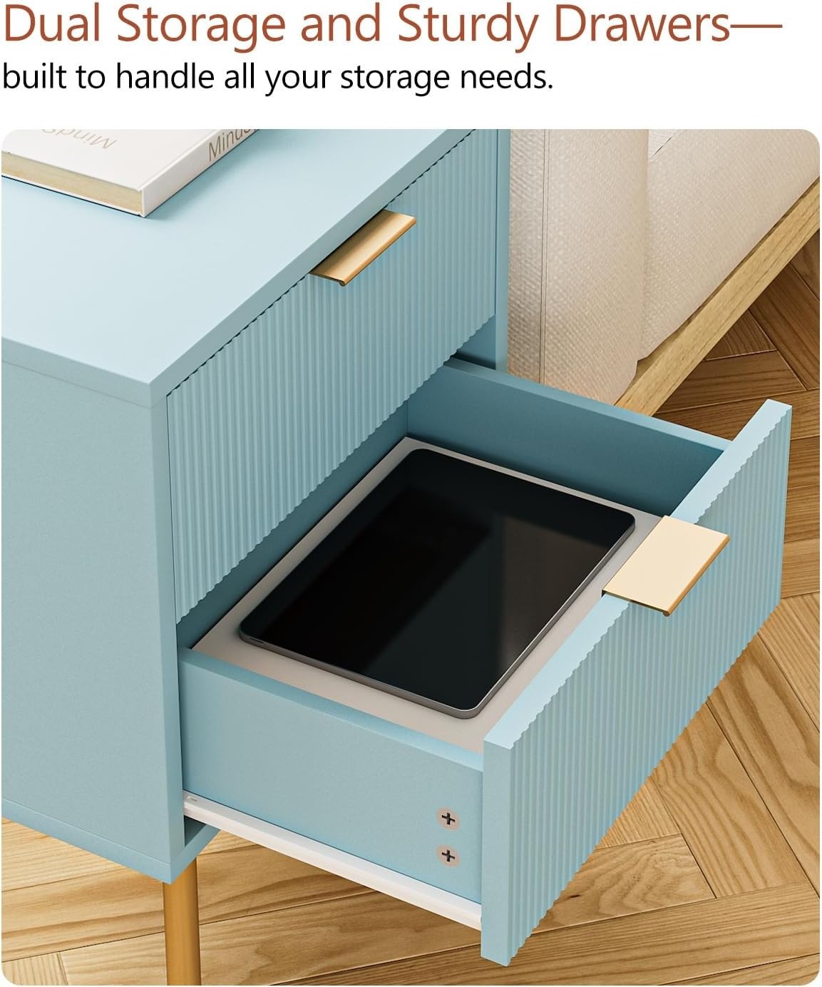 Blue Bedside Table with 2 Drawers & Gold Legs | Modern Nightstand