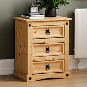 Solid Pine 3 Drawer Bedside Table, Rustic Wooden Nightstand, Wax Finish