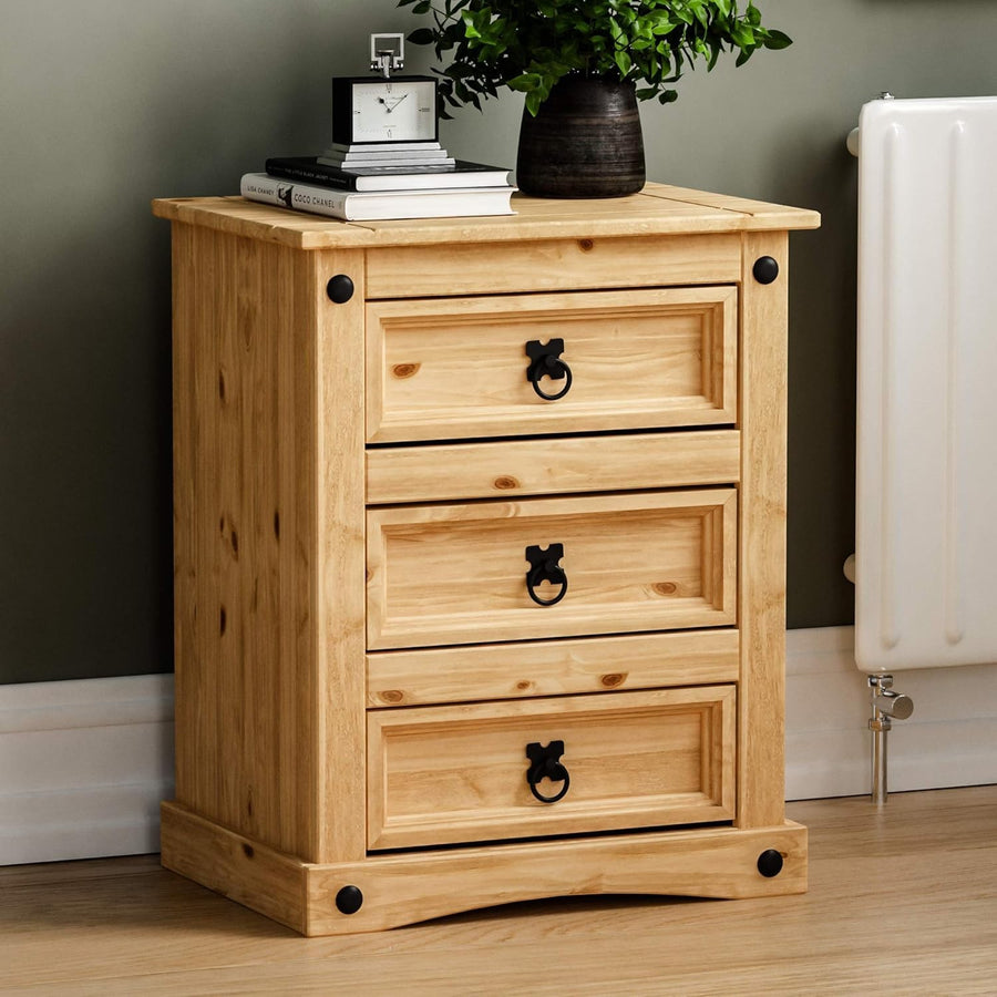 Solid Pine 3 Drawer Bedside Table, Rustic Wooden Nightstand, Wax Finish