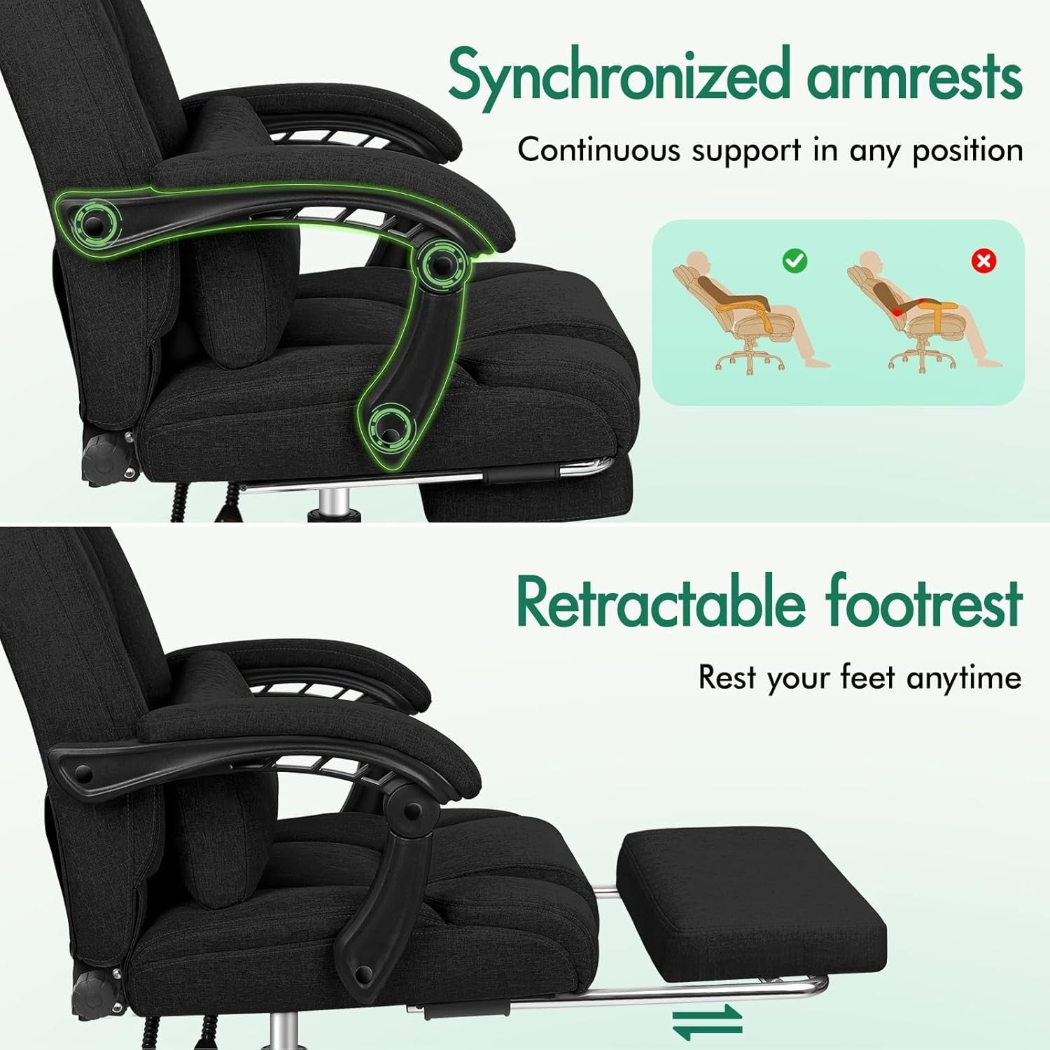 Executive Ergonomic Office Chair Desk Swivel Linen Black Lumbar Support 180KG Ti