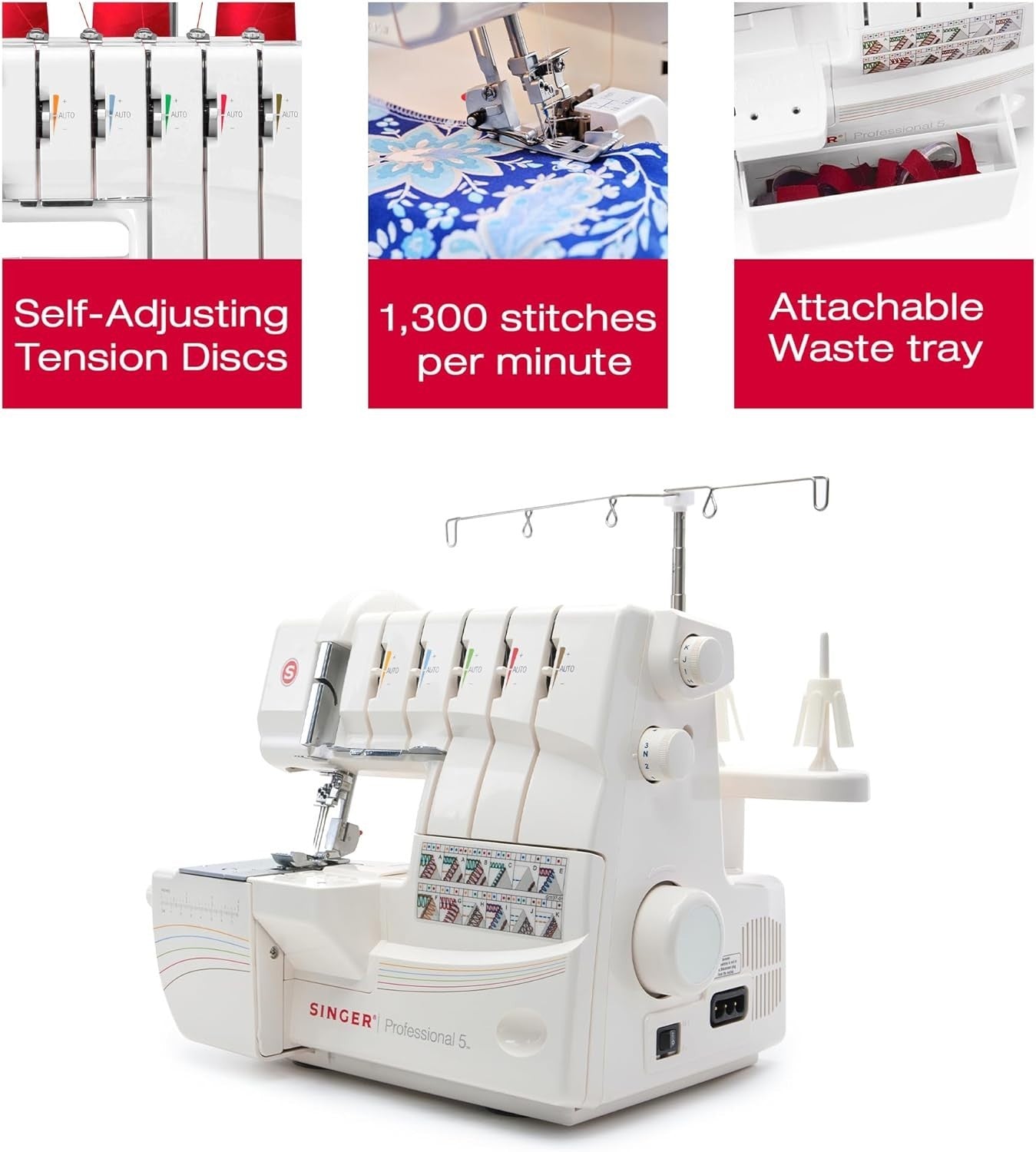 Professional 5 Thread Serger Overlock Machine 1300 SPM Rolled Hem