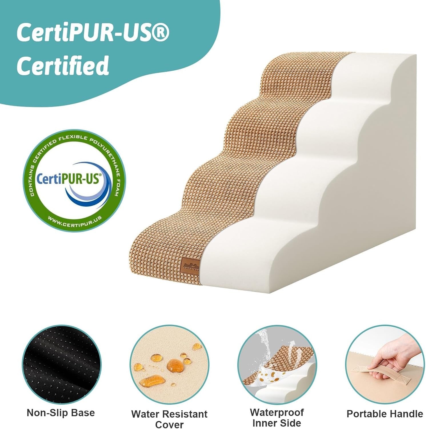 Dog Stairs 4 Step 19.7in Foam Pet Ramp for Bed Sofa Brown