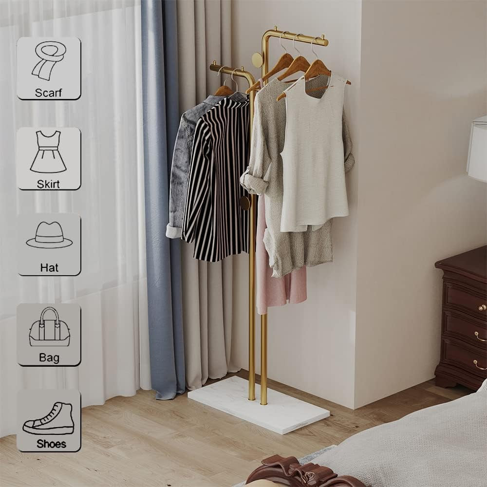 Gold Double Pole Coat Rack Freestanding with Marble Base 5 Hooks Modern