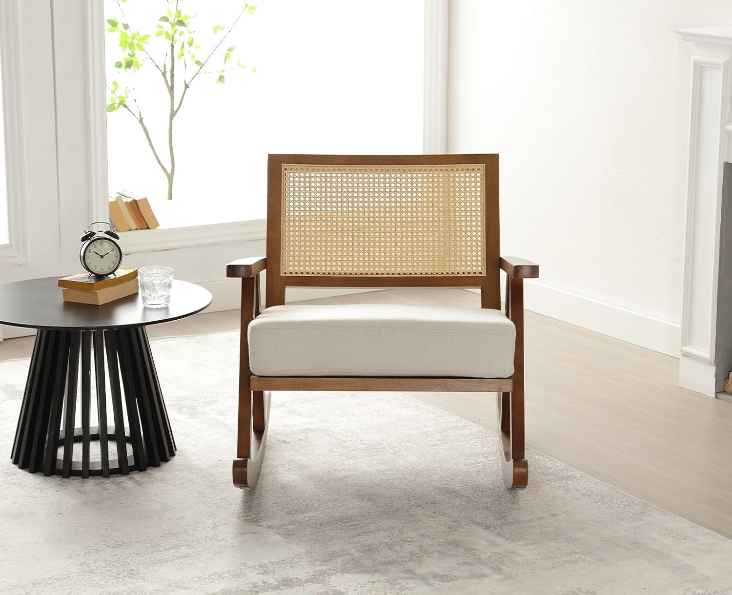 Comfortable Upholstered Rocking Chair with Rattan Back & Solid Wood Legs