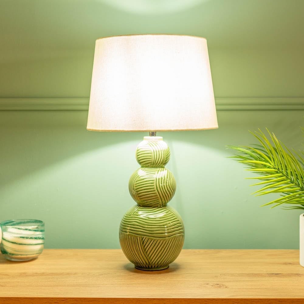 Green Ceramic Table Lamp Stacked Ball Base White Tapered Shade Modern
