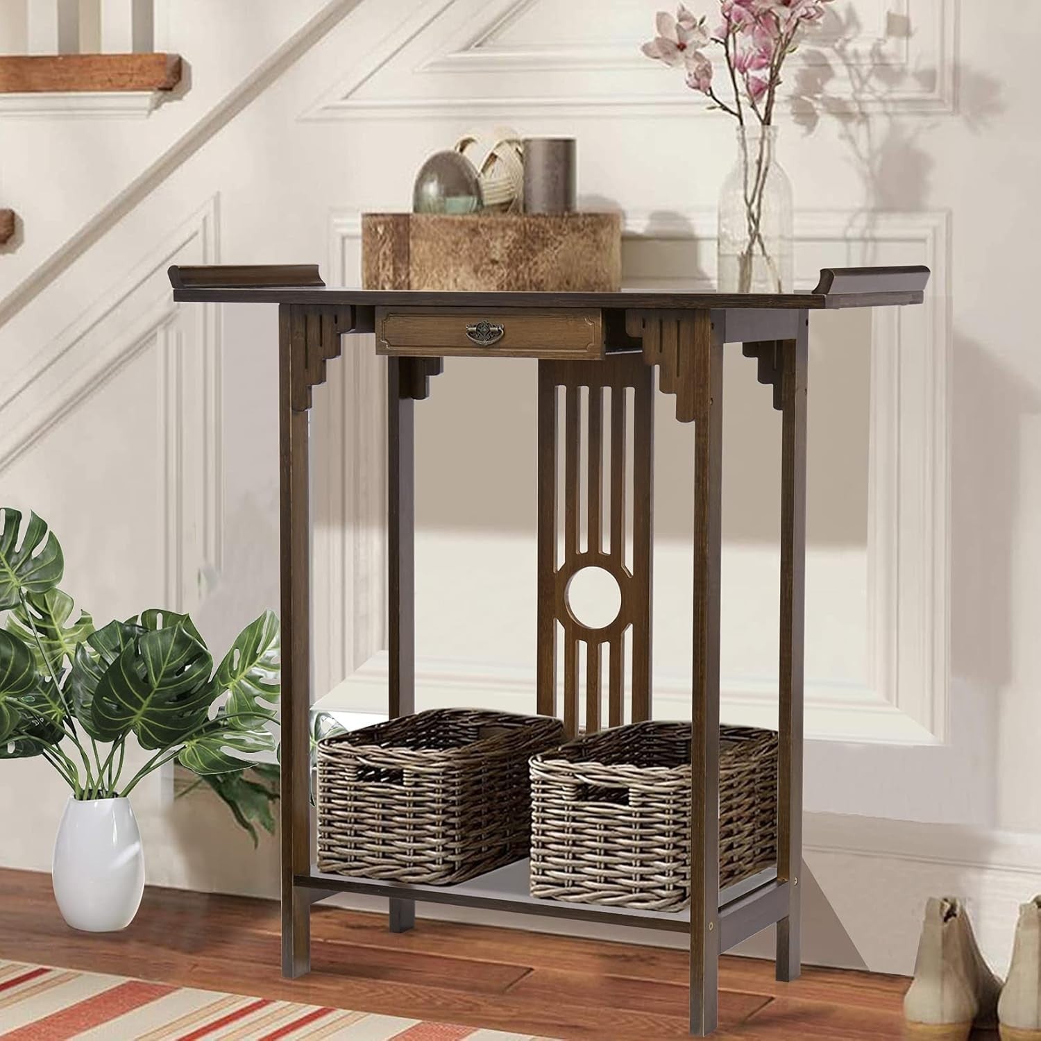 Narrow Entryway Console Table 2 Tier Bamboo Shelf 81.5x31.2x82.8 cm
