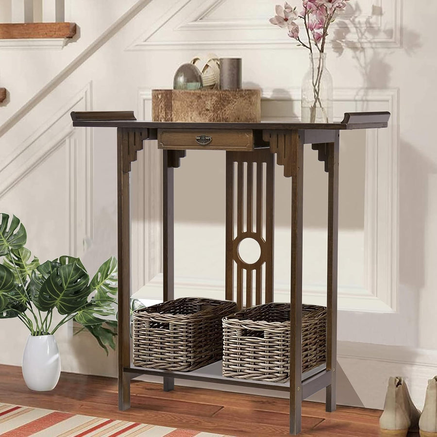 Narrow Entryway Console Table 2 Tier Bamboo Shelf 81.5x31.2x82.8 cm