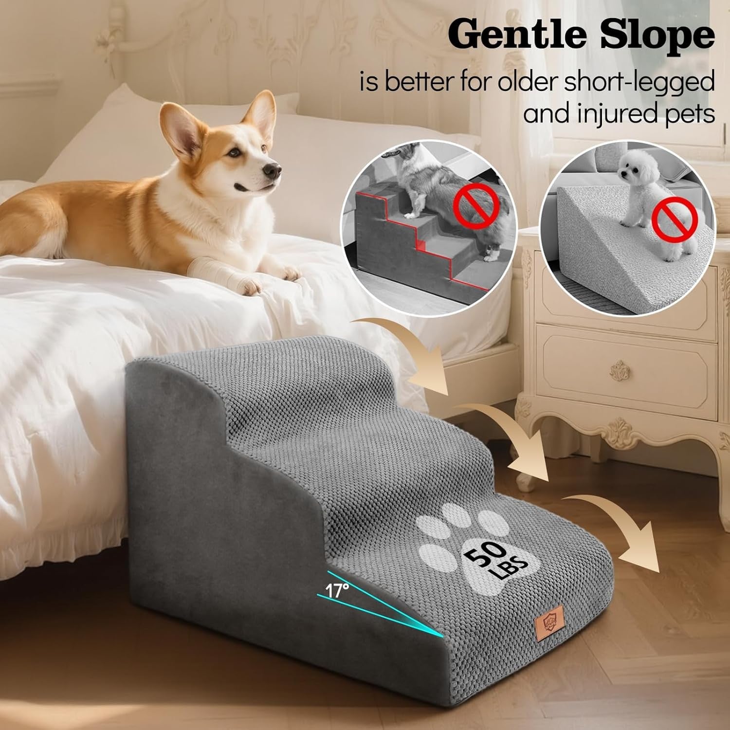 3 Step Dog Stairs Ramp for Sofa Bed Non Slip Washable Grey 60x40x40cm