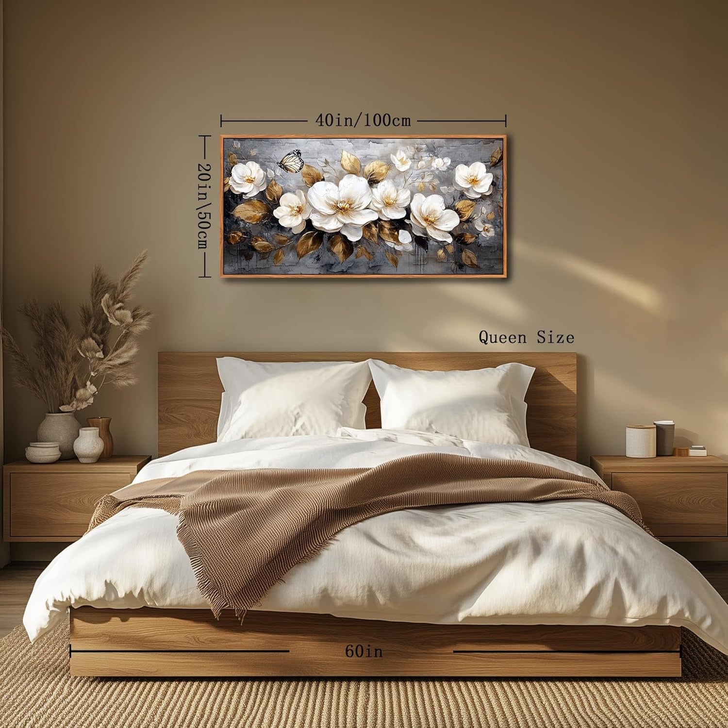 Golden Flowers Canvas Wall Art Framed 100x50 cm Large Floral Decor