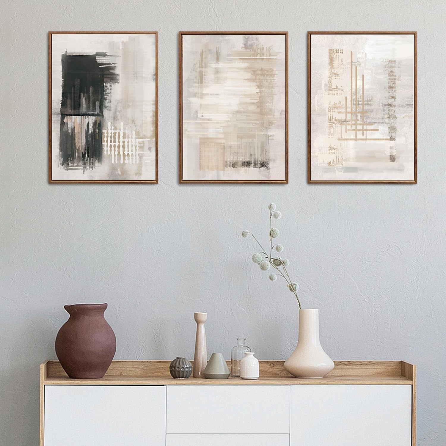 Modern Black White Abstract Framed Canvas Wall Art Set 3 Large Minimal Decor